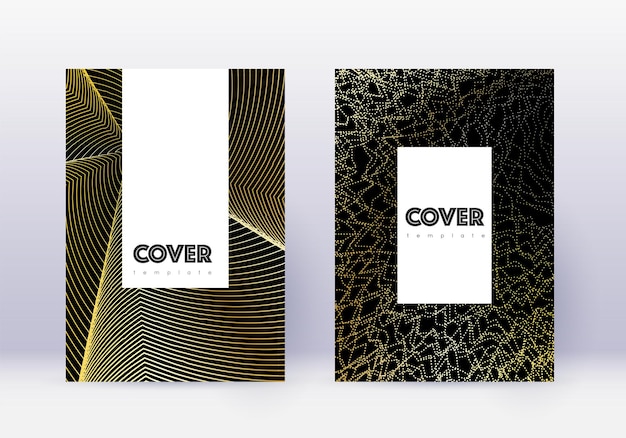 Conjunto de modelos de design de capa hipster. linhas abstratas douradas sobre fundo preto. design de capa cativante. sublime catálogo, pôster, modelo de livro etc.