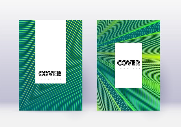 Conjunto de modelos de design de capa hipster. linhas verdes abstratas sobre fundo escuro. design de capa encantador. catálogo, pôster, modelo de livro surpreendente etc.