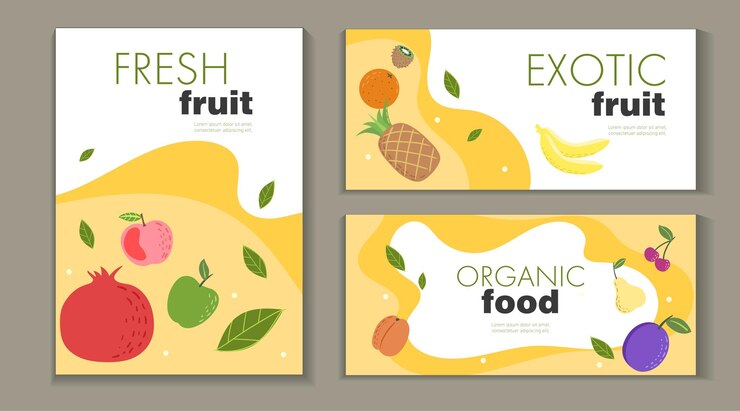 Conjunto de modelos de design de frutas frescas Banners com frutas frescas locais e exóticas desenhadas à mão plana Melhor para folhetos de cartazes de mercado e designs de menu Ilustração vetorial