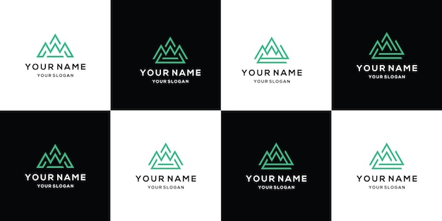 Vetor conjunto de modelos de design de logotipo de montanha usando estilo de arte de linha