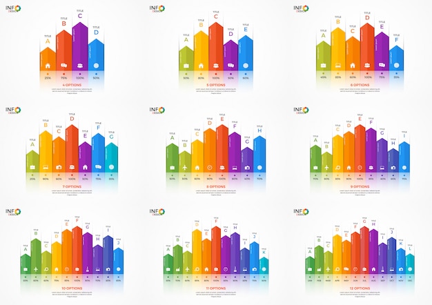 Conjunto de modelos de infográfico de gráfico de coluna com opções