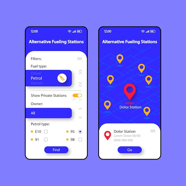 Conjunto de modelos de interface de smartphone de estações de abastecimento alternativo