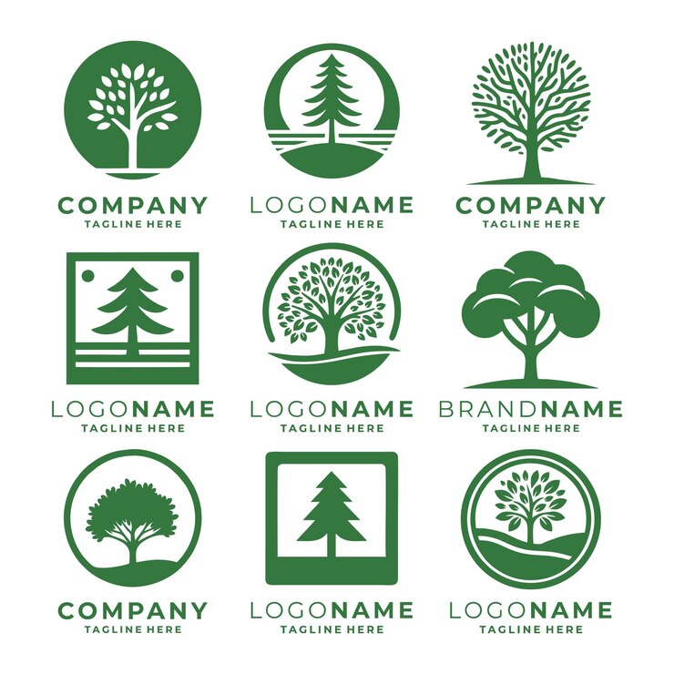 Vetor conjunto de modelos de logos de árvores e de logos da natureza