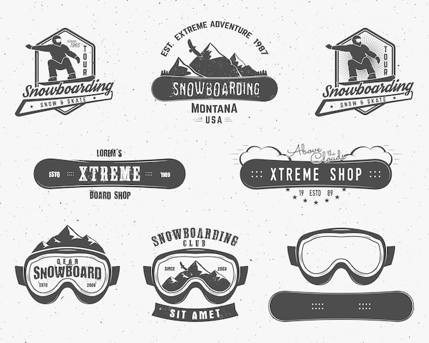 Conjunto de modelos de logotipo e etiqueta extremos de snowboard.