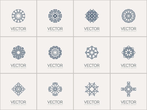 Conjunto de modelos de logotipo ornamental linear símbolos geométricos árabes vetoriais