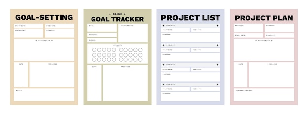 Vetor conjunto de modelos de manifestação imprimíveis para planejamento de projetos, objetivos de hábitos, diário, coaching, autocuidado