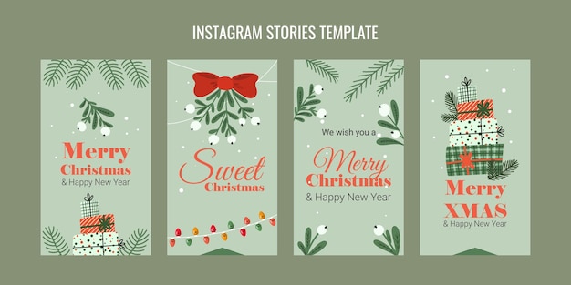 Conjunto de modelos de natal para histórias do instagram galhos de visco guirlandas de presentes e inscrições de felicitações