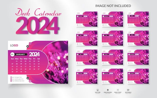 Vetor conjunto de modelos de planejador de calendário de mesa 2024, layout moderno e criativo, conjunto de calendário de parede de 12 meses