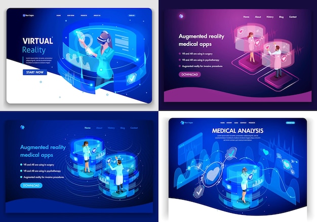 Vetor conjunto de modelos de site, página de destino para negócios e medicina, realidade virtual, tecnologias médicas, realidade alternativa. conceitos de ilustração vetorial para site.