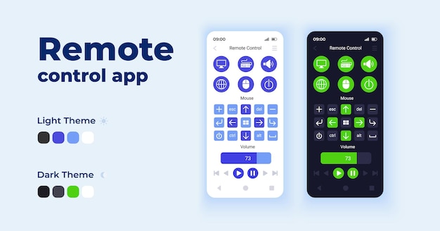 Conjunto de modelos de vetor de interface de smartphone de desenhos animados de app de controle remoto. dia da página da tela do aplicativo móvel e design do modo escuro. controle sem fio a iu para o aplicativo. transmissão em tempo real. display do telefone