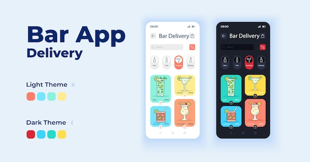 Conjunto de modelos de vetor de interface de smartphone de desenhos animados de barra de aplicativos. envio de bebidas alcoólicas. dia da página da tela do aplicativo móvel e design do modo escuro. iu do menu pub para o aplicativo. tela do telefone com caracteres planos