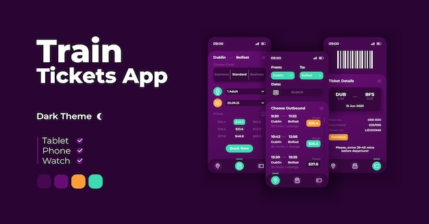 Conjunto de modelos de vetor de interface de smartphone de desenhos animados de bilhetes de trem. design do modo noturno da página da tela do aplicativo móvel. preços de viagem disponíveis e iu de detalhes para aplicação. tela do telefone com caracteres planos