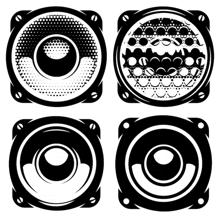 Vetor conjunto de modelos para cartazes ou crachás com alto-falantes acústicos monocromáticos