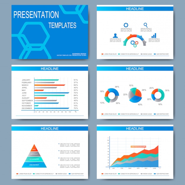 Vetor conjunto de modelos para slides de apresentação. design empresarial moderno com gráfico e tabelas