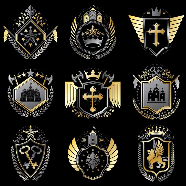 Conjunto de modelos vetoriais heráldicos de luxo. coleção de brasões simbólicos vetoriais feitos com elementos gráficos, coroas reais, castelos medievais, arsenal e cruzes religiosas.