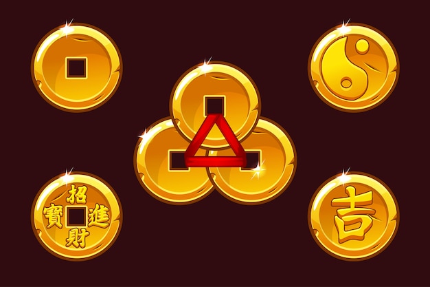 Conjunto de moedas da China. Moeda de ouro In-yan.