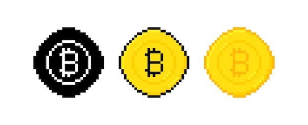 Conjunto de moedas de bitcoin de 8 bits de arte de pixel gold monet ilustração vetorial