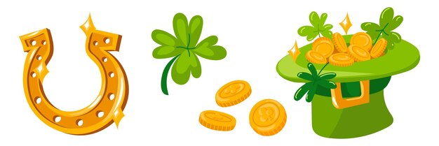 conjunto de moedas de trevo e uma ferradura dourada para o Dia de São Patrício objetos vetoriais isolados para boa sorte