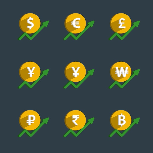 Conjunto de moedas e gráfico de finanças, aumento da moeda.