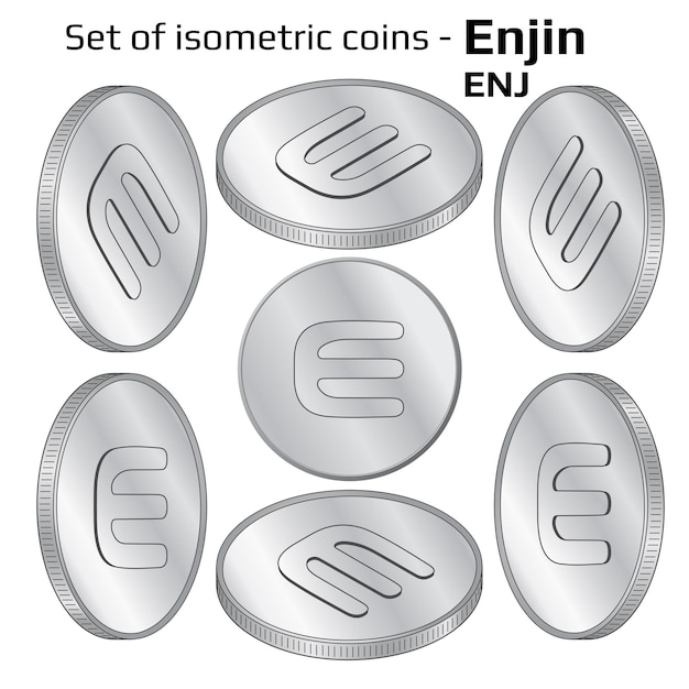 Vetor conjunto de moedas enjin enj em vista isométrica em preto e branco isolado em ilustração vetorial branca