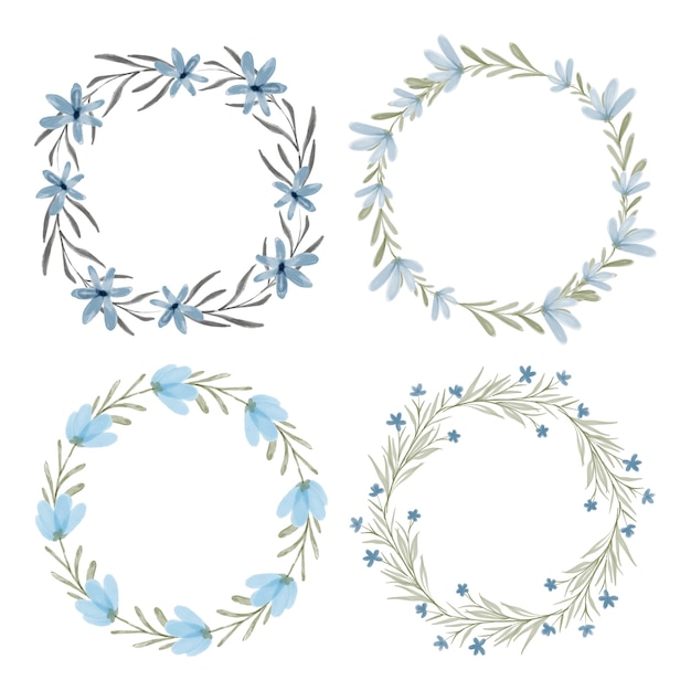 conjunto de moldura de círculo de coroa floral azul aquarela