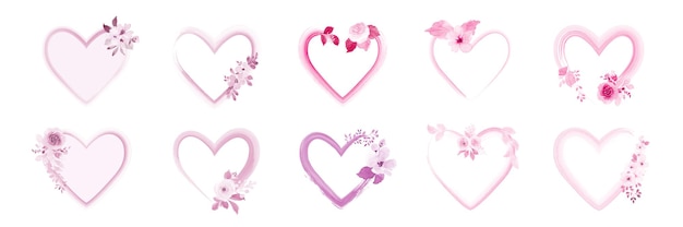 Conjunto de moldura de coração decorado com buquês de belas flores em aquarela rosa.