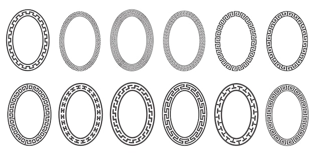 Conjunto de moldura oval chave grega elipse desenhos antigos bordas de círculo com ornamentos de meandro vetor grátis