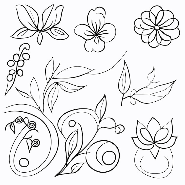 Vetor conjunto de molduras elegantes com folhas ou elementos de decoração floral desenhados à mão