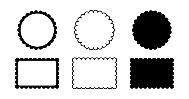 Vetor conjunto de molduras recortadas de círculo e quadrado retângulo de borda recortada e formas de elipse rótulo simples e formulário de adesivo ilustração em vetor de moldura de renda de silhueta de flor isolada no fundo branco
