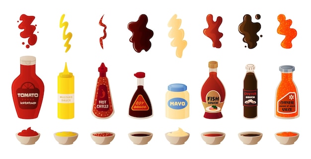 Vetor conjunto de molho condimentos de comida de cozinha dos desenhos animados em garrafas frascos de ketchup de tomate e mostarda de maionese pontos de refeição ou pratos com produto soja e especiarias líquidas de malagueta coleção de molho picante vetorial