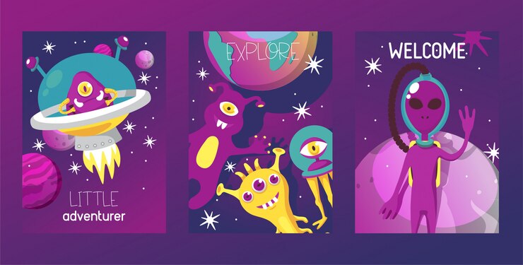 Vetor conjunto de monstro alienígena de ilustração de cartões. personagem de desenho monstruoso, criatura alienada bonita ou engraçado gremlin. nave espacial no cosmos entre estrelas.
