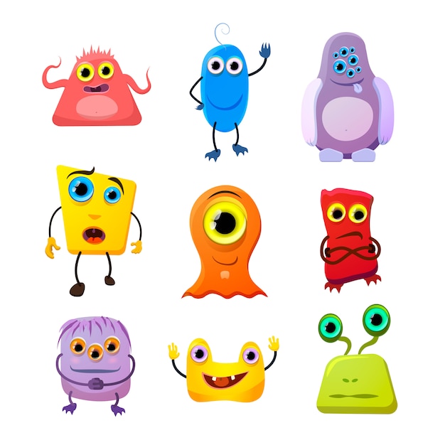 Conjunto de monstros bonitinho, personagens de desenhos animados em branco