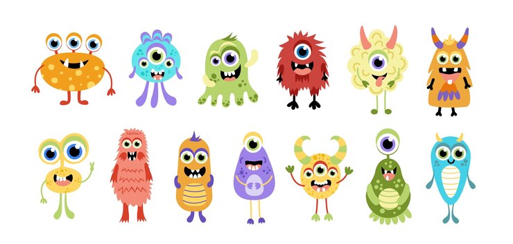 Vetor conjunto de monstros monstros coloridos e bonitos vetor de desenho animado plano