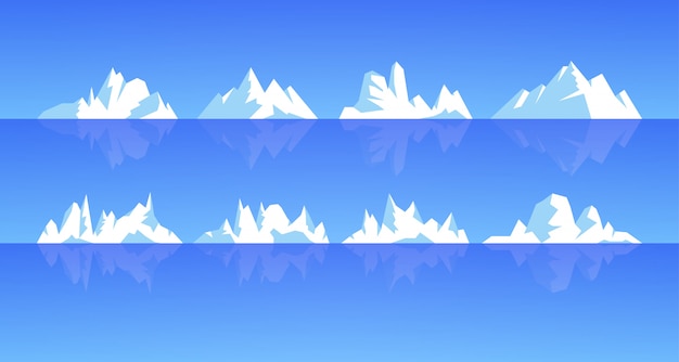 Conjunto de montanha de gelo e ilustração de iceberg. montanhas nevadas rochosas com reflexão da água do oceano, tipos diferentes e formas. clima frio.