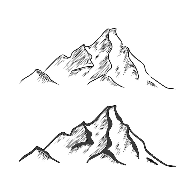 Conjunto de montanhas picos rochosos desenhados à mão ilustração em vetor