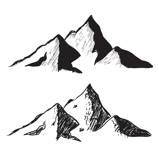 Vetor conjunto de montanhas picos rochosos desenhados à mão ilustração em vetor