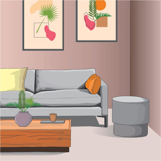 Conjunto de móveis de design de interiores de sala de família com ilustração