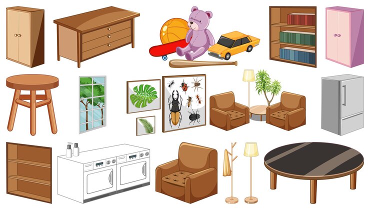 Vetor conjunto de móveis e decorações de interiores