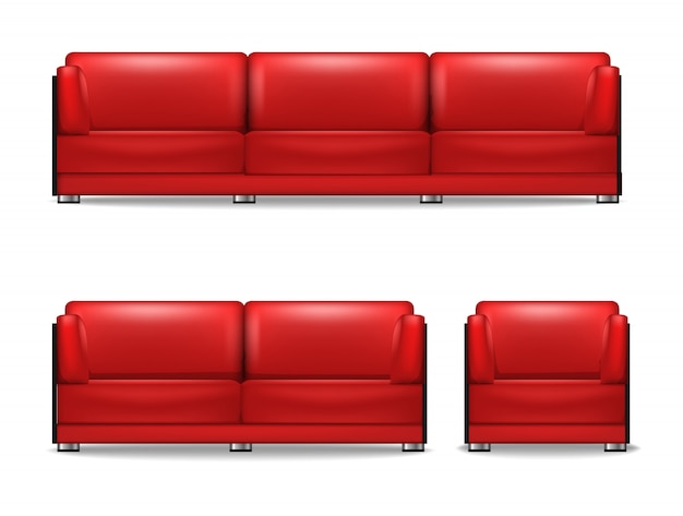 Vetor conjunto de móveis estofados para sala, sofá-cama, poltrona e sofá de hóspedes em vermelho.
