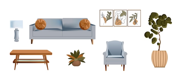 Conjunto de móveis para o interior sofá azul estilo boho mesa de centro sintonizado