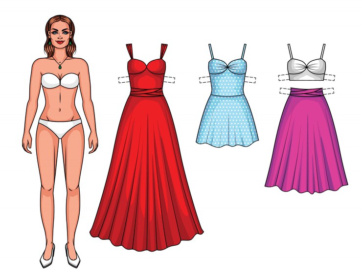 Vetor conjunto de mulher bonita com roupas de vestido. menina de boneca de papel com vestidos e saia isolado