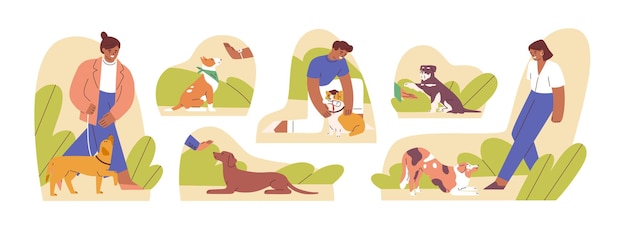 Conjunto de mulher e homem ensinando ilustração plana de vetores de animais domésticos. Coleção de proprietários atenciosos e animais de estimação brincando juntos, executando o comando isolado no branco. Conceito de escola de treinamento de cães.