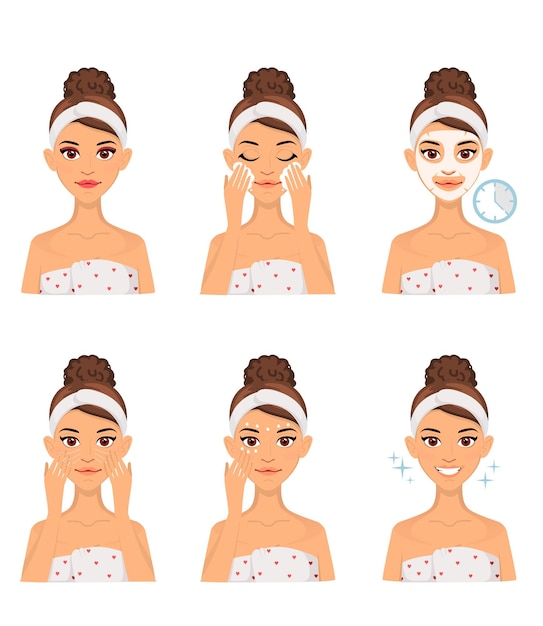 Conjunto de mulher fazendo tratamentos de beleza em casa. Procedimento de aplicação de máscara facial. Cuidados faciais. desenho vetorial