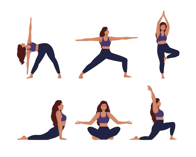 Conjunto de mulher praticando ioga, coleção de poses de ioga