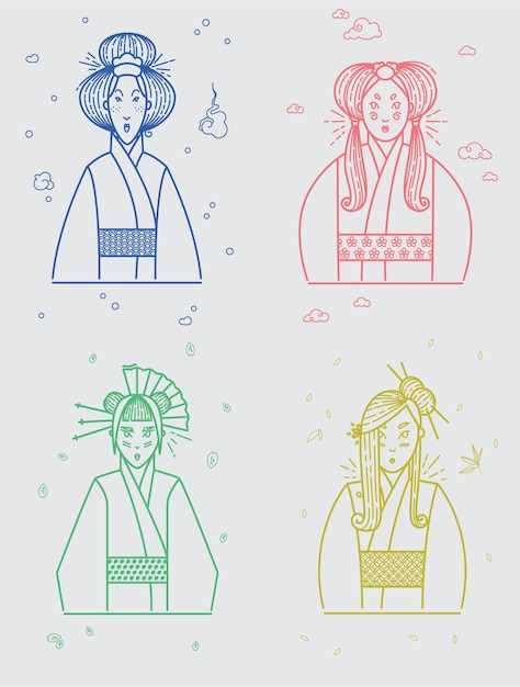 Conjunto de mulheres bonitas de vetor estilo japonês linha arte.