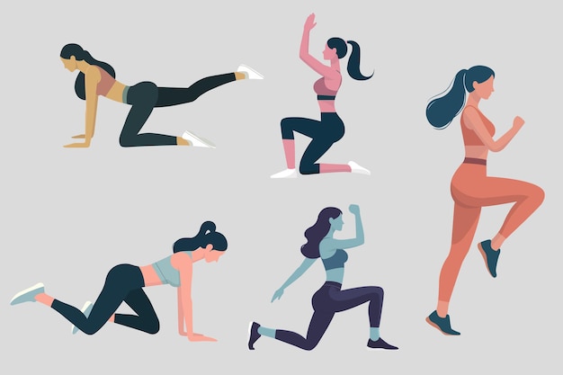 conjunto de mulheres fazendo ioga e ilustração de exercício