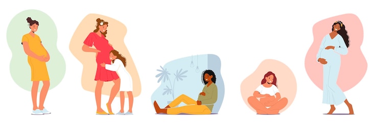 Vetor conjunto de mulheres grávidas alegres com sorrisos radiantes irradiando uma sensação de felicidade e contentamento beleza da gravidez