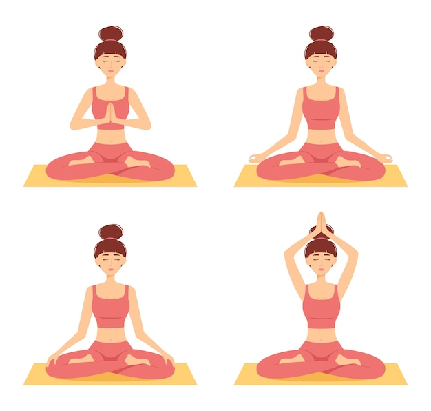 Vetor conjunto de mulheres meditando. meninas em posição de lótus praticando ioga, ilustração vetorial