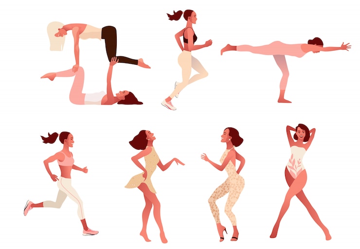 Vetor conjunto de mulheres positivas ativas, praticando estilo de vida saudável, fazendo exercícios de ioga, treino