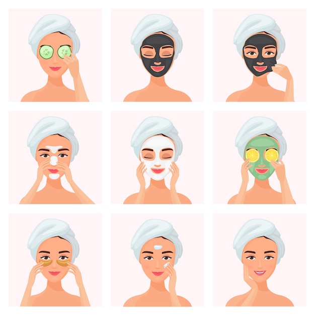 Vetor conjunto de mulheres usando máscara de olho encharcada de pepino